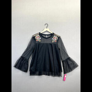 Xhilaration Womens Black Blouse Laced Polka Dot Long Sleeve NWT Size Large